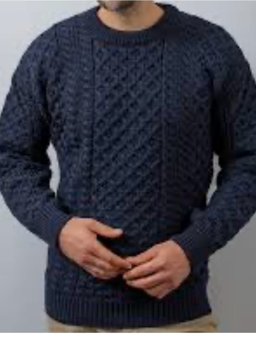 Aran Men's Cable Knit Irish 100% Wool Sweater, Size L, Navy Blue